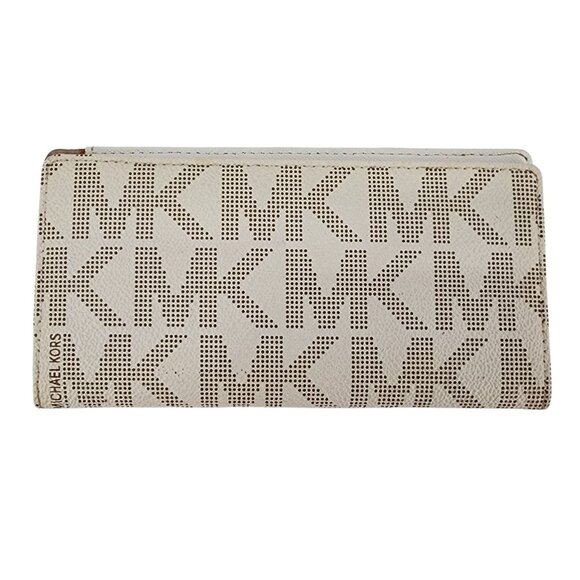 Michael Kors Checkbook Holder Wallet Leather Logo Gray Taupe - Picture 2 of 5